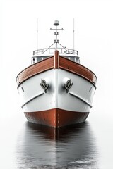 A classic boat with a wooden finish reflects beautifully on calm waters, evoking serenity and maritime charm.