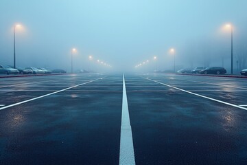 A foggy parking lot scene with wet pavement and street lights illuminating the misty atmosphere, creating a serene yet eerie mood.