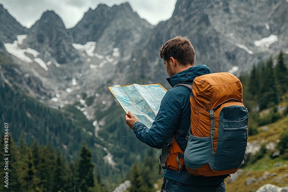Poster man with backpack studying map in mountains. this photo represents the excitement of exploring the o