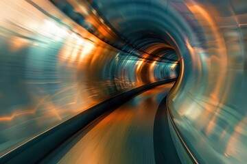 Vibrant Curved Tunnel, a mesmerizing path with swirling colors and reflections creating an ethereal glow, evokes a sense of motion and endless exploration.