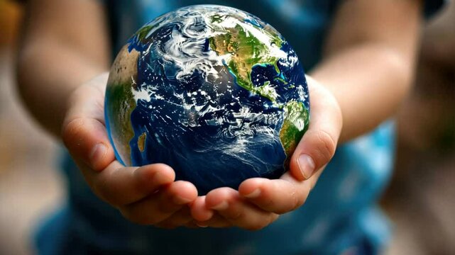 Small Hands, Big Responsibility: A child's hands cradle a miniature globe, representing the weight of responsibility for our planet's future. The image evokes a sense of hope, reminding us of the powe