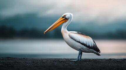 A pelican is standing on a rocky shoreline, looking out over the water