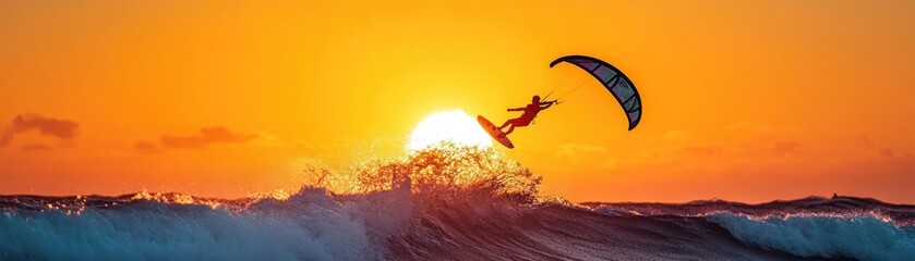 A silhouette of a kite surfer catching air over the ocean, with waves crashing below and the sun setting on the horizon