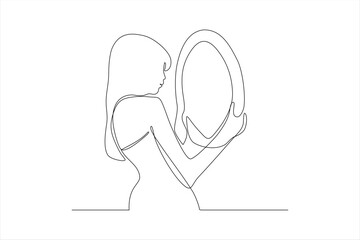 beautiful woman looking in mirror continuous line vector illustration