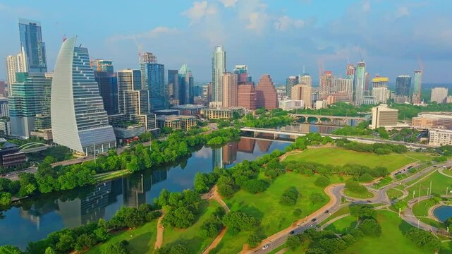 Austin, Texas downtown and riverfront aerials