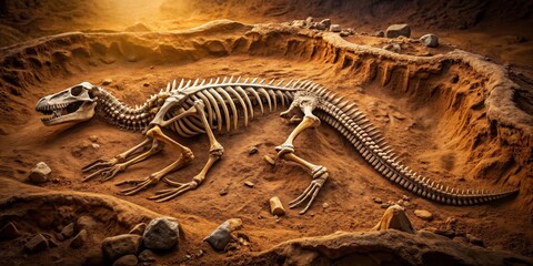 Naklejka premium Dinosaur skeleton in excavation site with fossilized bones against earthen backdrop , paleontology, excavation
