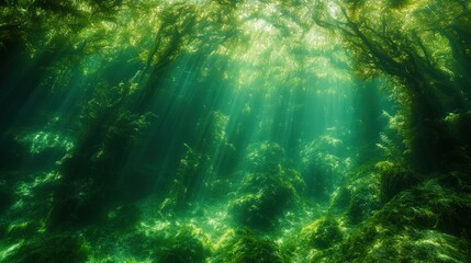 Fototapeta premium Underwater scene with sunlight filtering through lush vegetation.
