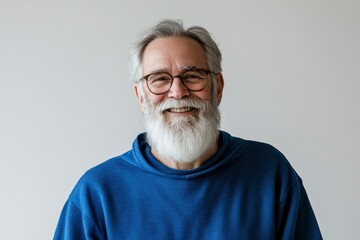 Obraz premium Happy mature old bearded man with dental smile, cool mid aged gray haired older senior hipster wearing blue sweatshirt standing isolated on white background looking at camera, with generative ai