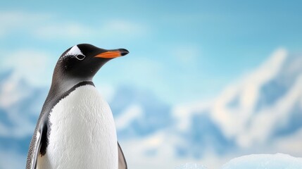 Fototapeta premium A penguin is standing on a snowy mountain