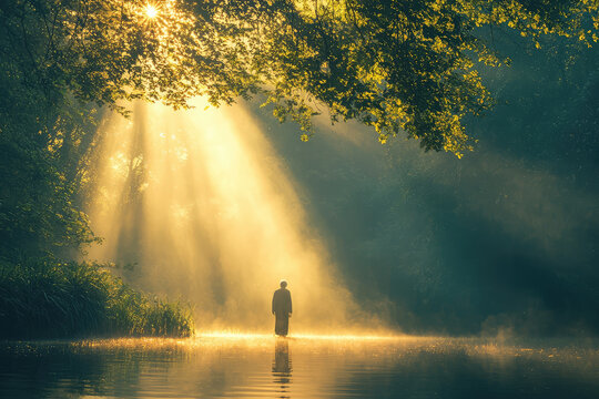 A serene scene of Gods presence in persons life, illuminated by sunlight