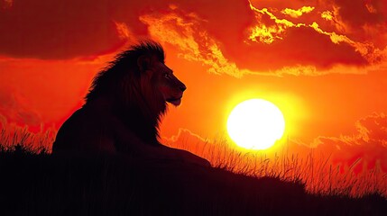 Naklejka premium A silhouette of a lion resting on a hill, with its majestic mane outlined against a glowing sunset