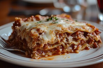 A hearty slice of homemade lasagna with melted cheese oozing from the layers