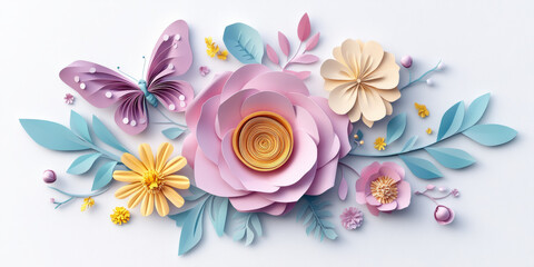 Beautifully crafted paper flowers and butterfly create vibrant, artistic display. This colorful arrangement features various floral shapes and shades, evoking sense of creativity and joy