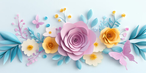 Beautifully crafted paper flowers in various colors create stunning floral arrangement, featuring pink roses, yellow blooms, and delicate butterflies, evoking sense of joy and creativity
