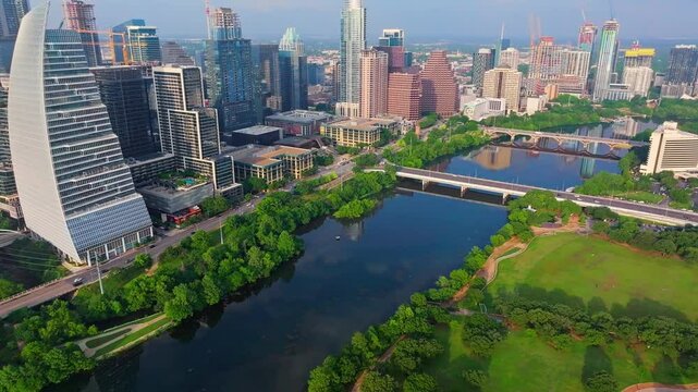 Austin, Texas downtown and riverfront aerials