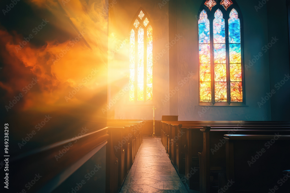 Wall mural A serene scene of worship illuminated by colorful stained glass windows