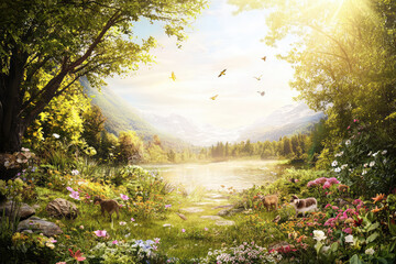 A serene scene of nature with animals, flowers, and tranquil lake