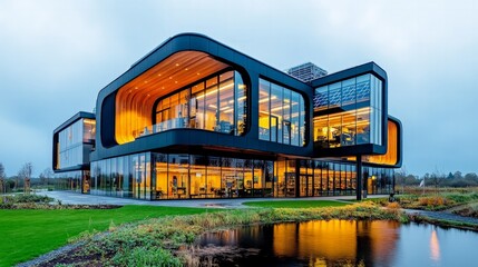 Obraz premium The exterior of the modern house with solar panels on the roof reflects sustainable production.