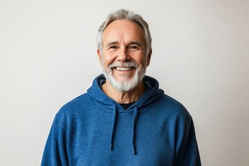 Obraz premium Happy mature old bearded man with dental smile, cool mid aged gray haired older senior hipster wearing blue sweatshirt standing isolated on white background looking at camera, with generative ai