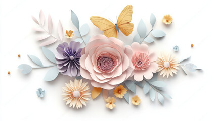 A beautiful arrangement of paper flowers in soft pastel colors, featuring large rose, delicate daisies, and butterfly. This artistic design evokes sense of tranquility and creativity