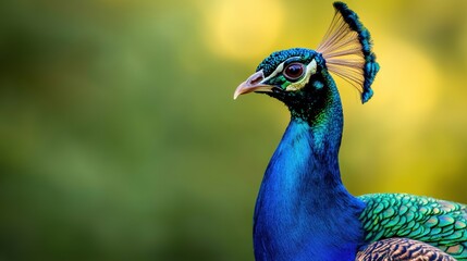 A blue peacock with a green head and tail feathers