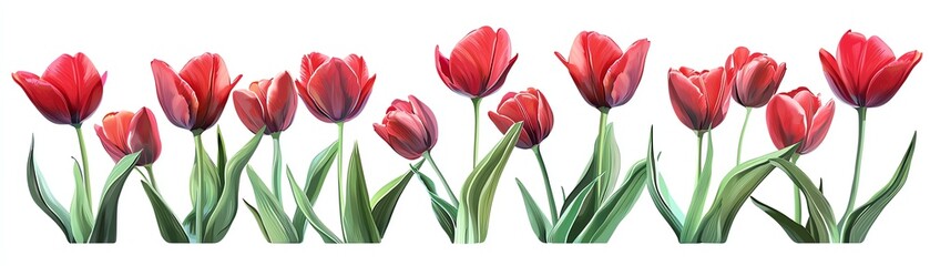 A vibrant row of red tulips showcasing their graceful petals and lush green leaves, perfect for floral themes and nature designs.