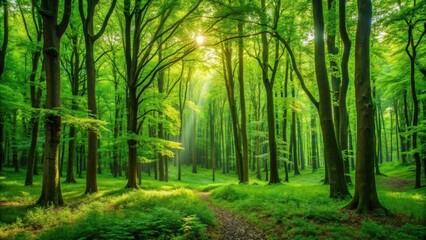 Obraz premium Lush green trees in a dense forest, nature, landscape, foliage, woodland, outdoors, environment, growth, lush, serene