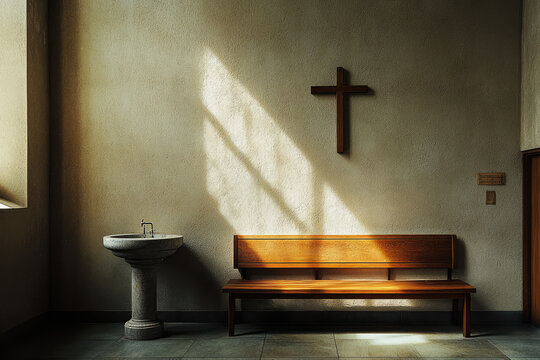 A serene interior of Catholic church featuring wooden bench and baptismal font