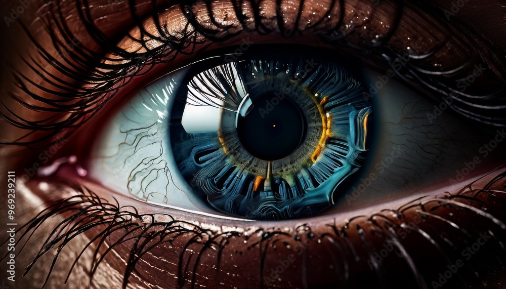 Poster a highly detailed close-up of a human eye, showcasing the iris with futuristic elements. the intrica
