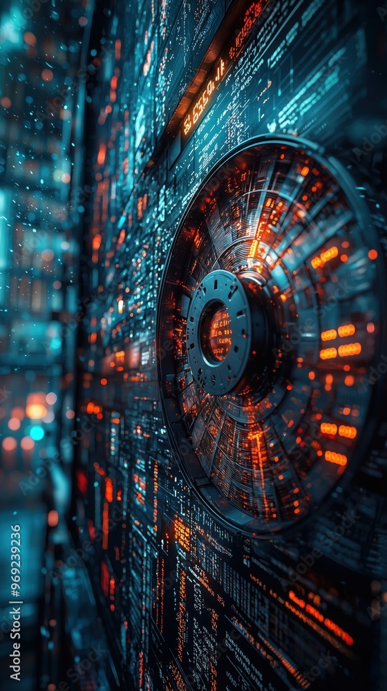Fototapete futuristic digital interface showcasing intricate data patterns and a high-tech circular element in 