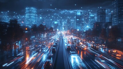 Fototapeta premium Futuristic AI-driven smart cities with dynamic street lighting and traffic management: City streets where AI adjusts lighting and traffic patterns based on real-time conditions.
