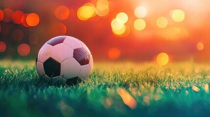Fototapeta premium A soccer ball on a vibrant grassy field with glowing bokeh lights, highlighting the anticipation of a football match.