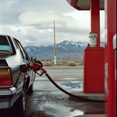 Car Being Filled With Gasoline at a Gas Station