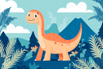 Happy cartoon dinosaur in a vibrant prehistoric jungle with mountains, ferns, and trees under a bright blue sky