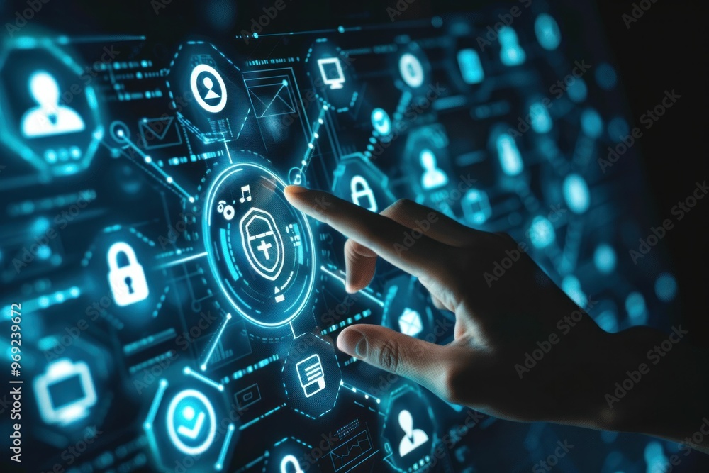 Poster hand interacting with a digital security interface, showcasing icons for data protection and technol