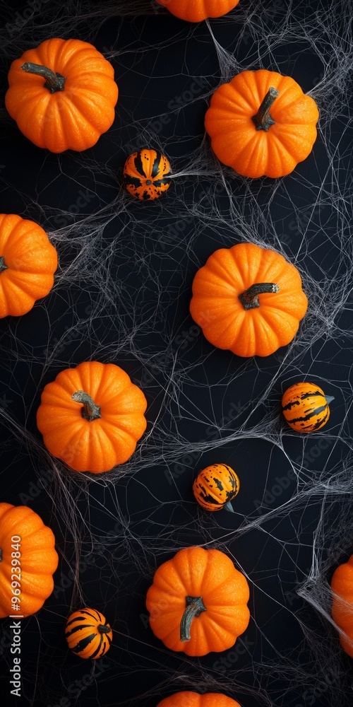 Poster a black background with a spider web and a bunch of orange pumpkins. the pumpkins are arranged in a 