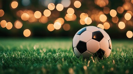 Fototapeta premium A soccer ball resting on fresh green grass with beautiful bokeh lights in the background, creating a lively sports scene.