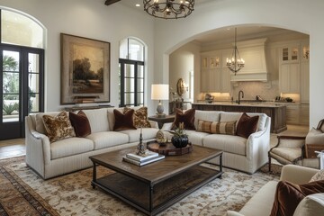 Fototapeta premium Cozy living room with elegant furnishings and a warm atmosphere.