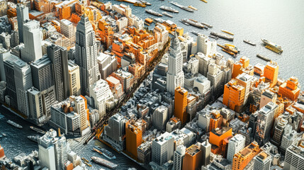 image showcases vibrant cityscape divided by economic policy lines, highlighting contrast between different urban areas. intricate details of buildings and waterways create dynamic visual representat