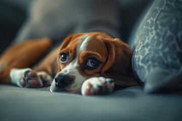 Beagle puppy with very sad eyes which is lying on the sofa, wrapped in a warm blanket, he is sick or injured and needs help, he looks pitifully at the camera. Veterinary care or animal shelter concept