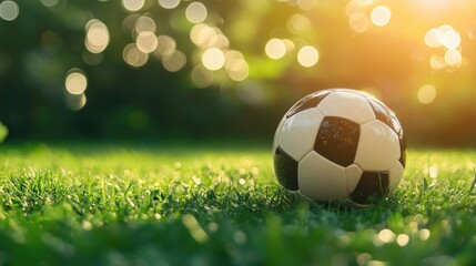 Fototapeta premium A soccer ball sitting on green grass with soft bokeh lighting in the background, perfect for capturing the spirit of football.