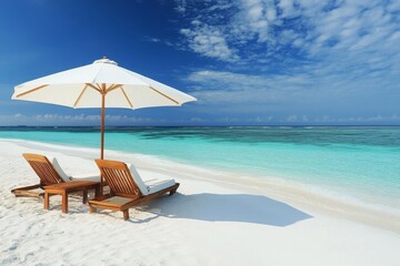 Obraz premium Tropical Beach Paradise with Lounge Chairs and Umbrella