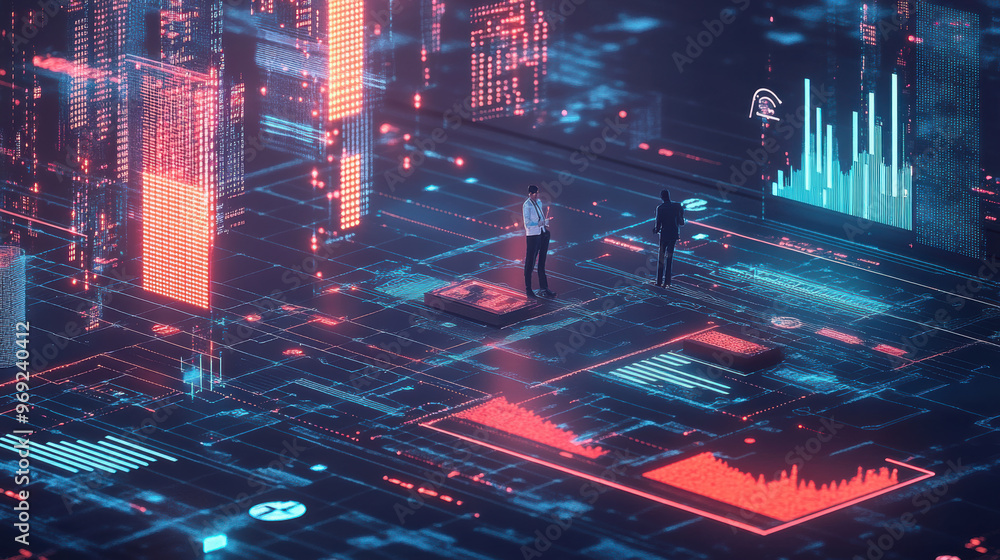 Poster image depicts policymakers using ai tools to simulate data in futuristic digital environment, showca