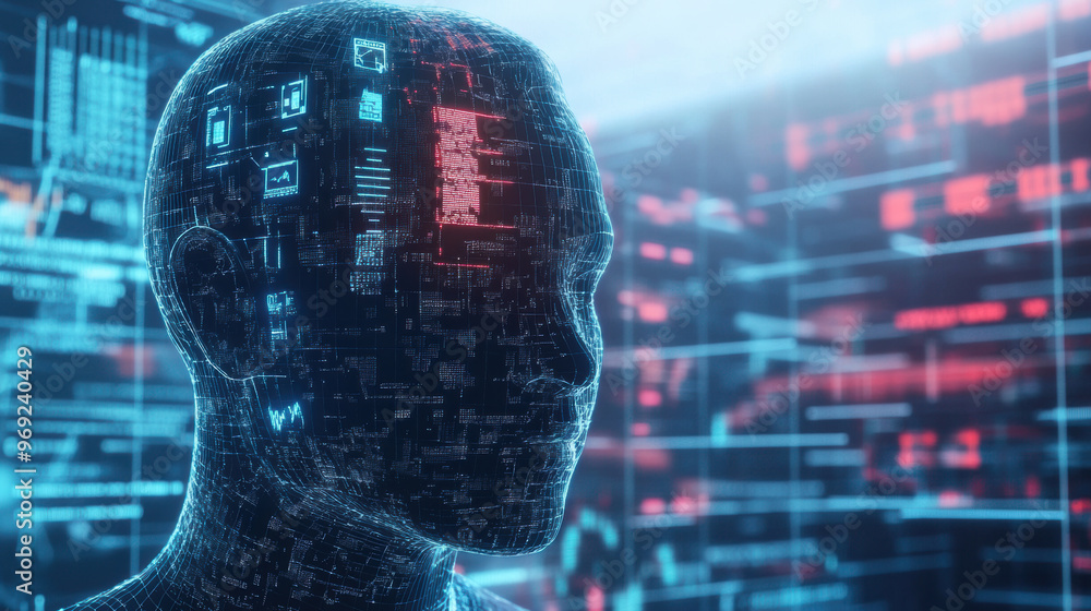 Poster image depicts digital representation of human head, showcasing intricate data patterns and glowing e