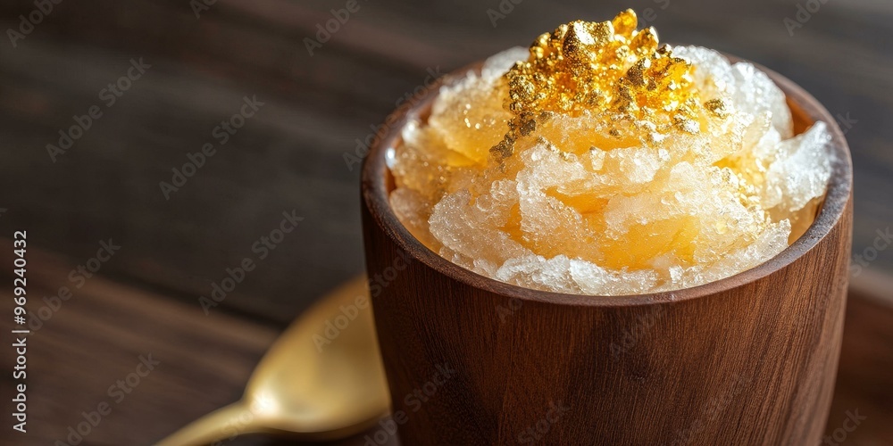 Canvas Prints golden flakes on shaved ice in a wooden cup.