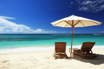Relaxing Beach Scene with Two Chairs and an Umbrella