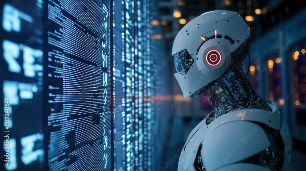 Poster a futuristic robot stands against backdrop of digital data, showcasing advanced technology and artif
