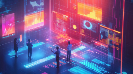 Innovative policymakers are utilizing AI tools to simulate data analysis in futuristic environment filled with vibrant digital displays. atmosphere is charged with creativity and technological advance