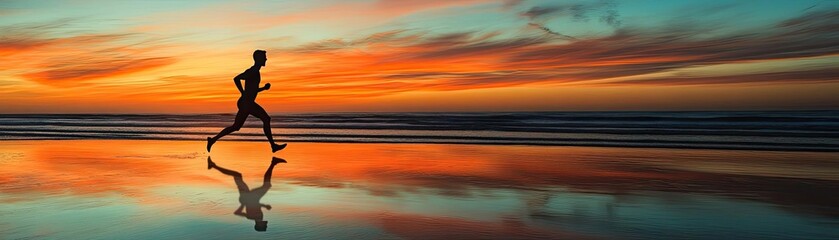 A silhouette of a runner in motion, with legs extended mid-stride as they race across a beach at sunset