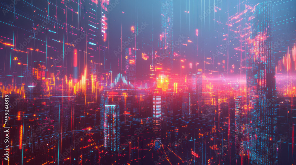 Poster a vibrant digital landscape showcasing advanced technology and data visualization, with glowing line